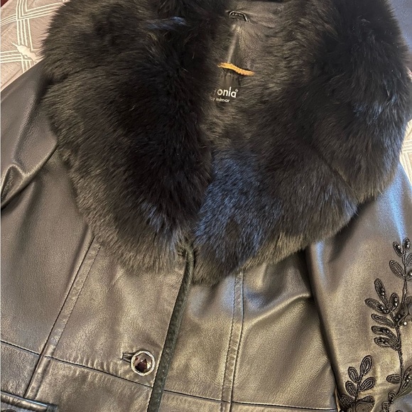 Black Leather Jacket with Embroidered Sleeves - Picture 12 of 12